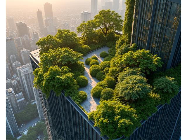 高層ビル屋上での大規模緑化システム