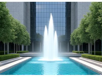 商業施設エントランスのダイナミックな水景と滝