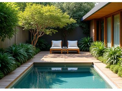 個人邸に設置された美しい反射池と植栽