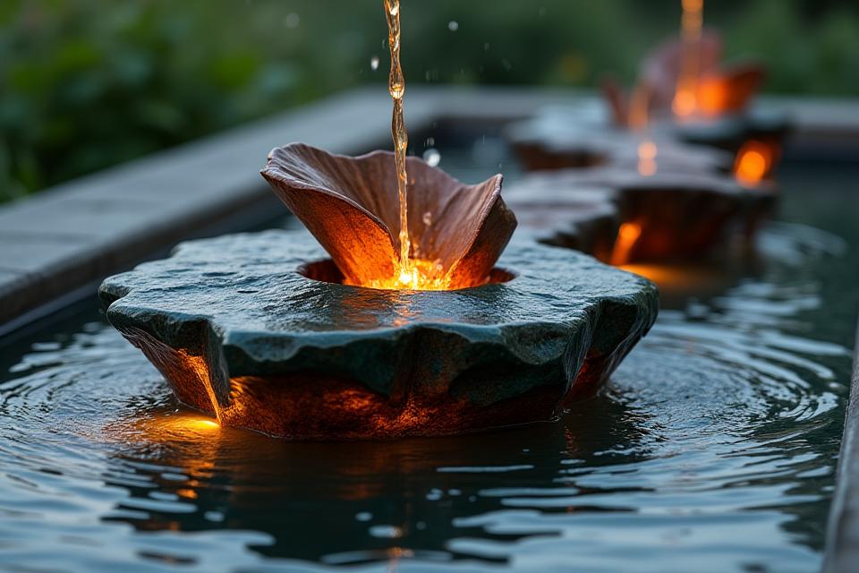 ステンレスとガラスで構成された現代的なウォータースカルプチャー