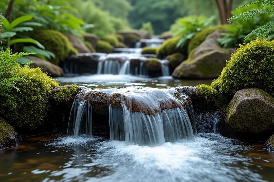 自然な岩組みと豊かな植栽を背景に流れる小川と滝