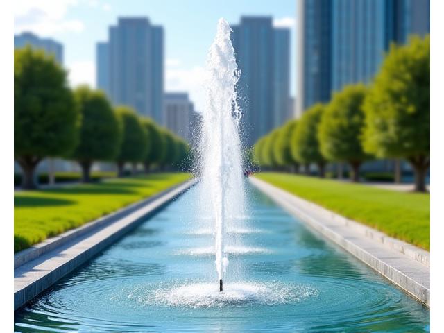 高く舞い上がる水の噴水、庭の中心で華やかな印象を与える