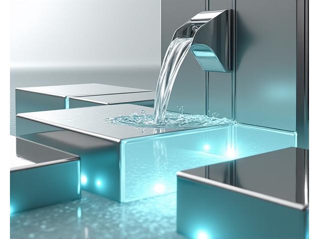 抽象的な形状の現代的なウォータースカルプチャー、ミニマルな空間に設置