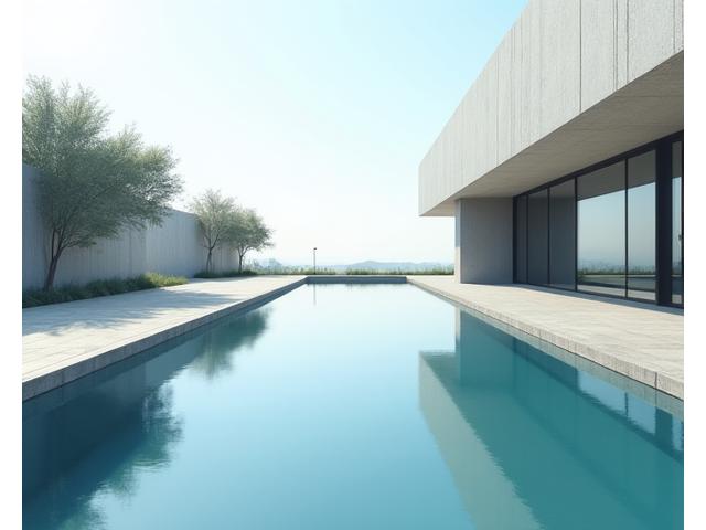 鏡面効果で空と建物を映し出す静かな反射池