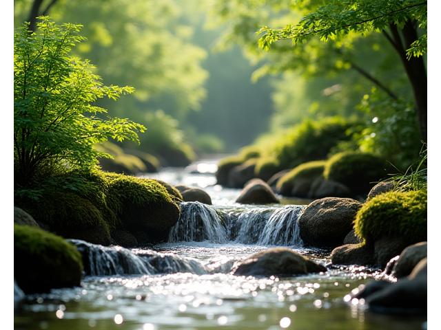 自然石の間をなめらかに流れる小川、緑豊かな植栽に囲まれて