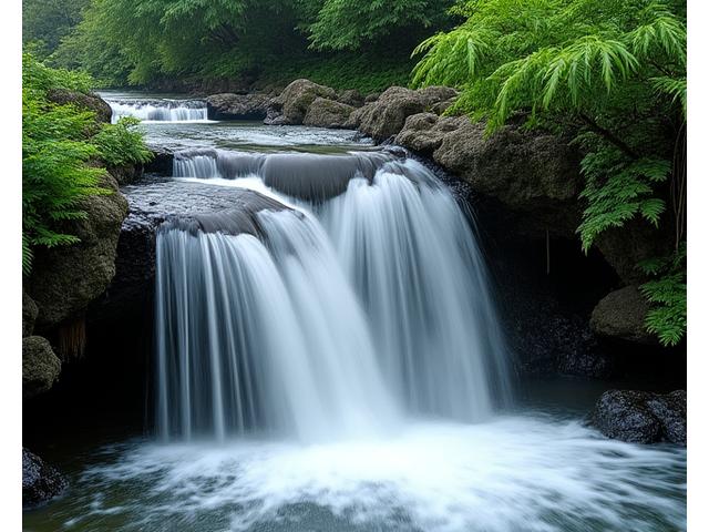 力強く流れ落ちる庭園の滝、躍動感あふれる光景