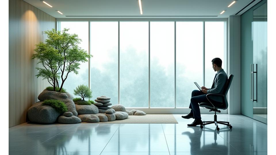 モダンなオフィス空間の一角に設けられた、ミニマルな禅庭園。休憩中の従業員が静かに石庭を眺めている風景。