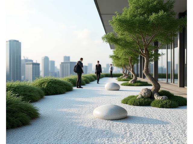 オフィスビルの屋上または中庭に作られた、モダンで落ち着いた禅庭園。従業員が休憩中に利用できるよう、ベンチが配置されている。