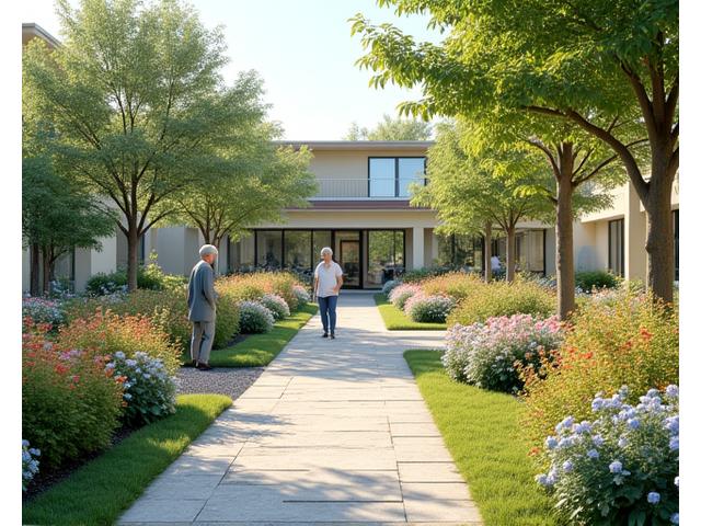 病院や介護施設の敷地内にある、患者や利用者が散策できるような癒しの庭園。車椅子でも利用しやすいフラットな通路と、穏やかな緑が特徴。