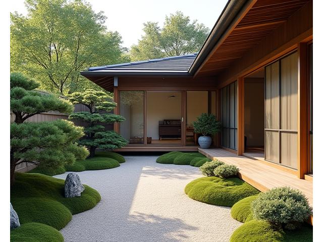 現代的な和風住宅の庭に設けられた、プライベートな瞑想スペース。縁側に面した小さな枯山水と、手入れされた竹や苔が配置されている。