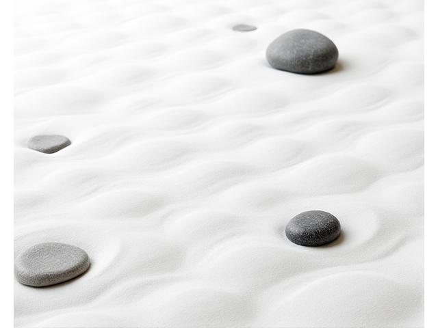 丁寧に耙で模様が描かれた白砂と数個の自然石で構成された枯山水。石は波紋の中心のように配置され、静寂と宇宙の広がりを感じさせる。