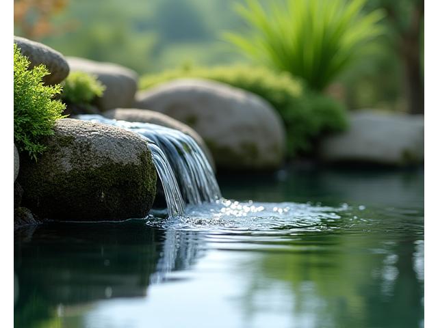静かに流れ落ちる水と苔むした岩で構成された小さな水景。水面には空が映り込み、清らかな水音が聞こえてきそう。