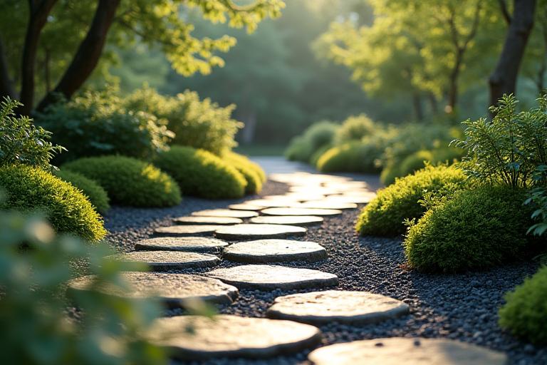 自然石と苔で舗装された、緩やかにカーブする庭園の小道。両脇には控えめな低木が植えられ、歩行瞑想に最適な静かな雰囲気。