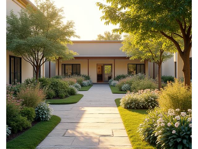 高齢者施設の屋外に作られた、手すり付きの散策路がある安全な庭園。季節の花や穏やかな水景があり、利用者が笑顔で過ごしている。