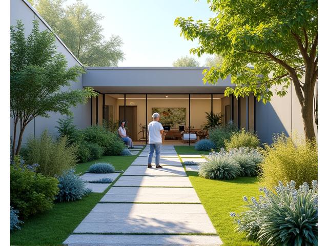 リハビリテーション施設に隣接した、開放感のある庭園空間。患者がセラピストの指導のもと、庭を歩いたり、ベンチで休息したりしている。