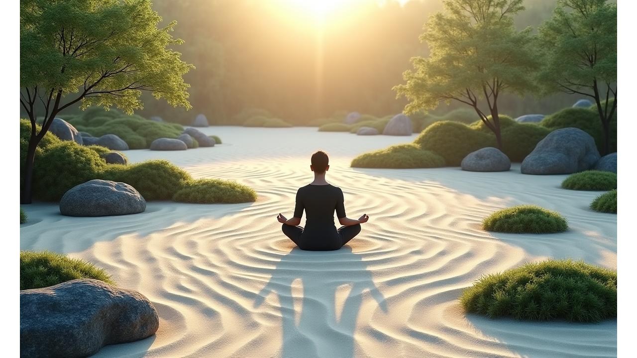 静寂な枯山水庭園の中心に座る瞑想中の人物。手前には丁寧に配された石と白砂、奥には手入れされた苔と小さな低木が見える。朝日の柔らかな光が庭園全体を包み込み、心が落ち着くような静謐な雰囲気。